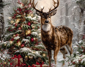 May include: A brown deer with large antlers stands in a snowy forest next to a decorated Christmas tree. The tree features red ornaments, gold baubles, and pinecones. Several wrapped gift boxes with red ribbons sit on the snow at the base.