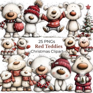 May include: A collection of 25 PNGs featuring adorable white teddy bears with red accents, perfect for Christmas. The bears are depicted in various festive poses, wearing scarves, hats, and holding ornaments. Text on the image reads "Red Teddies Christmas Clipart."