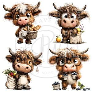 May include: Four whimsical illustrations of cartoon Highland cows. One cow carries a basket of bread, another holds a bag of fruit, a third has a bag of produce, and the last wears glasses and holds blueberries. Each cow has brown fur and large eyes.