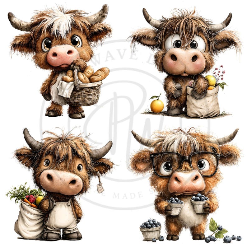 May include: Four whimsical illustrations of cartoon Highland cows. One cow carries a basket of bread, another holds a bag of fruit, a third has a bag of produce, and the last wears glasses and holds blueberries. Each cow has brown fur and large eyes.