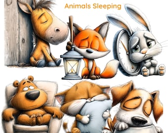 Imágenes prediseñadas de animales soñolientos, animales cansados y divertidos, gráficos para la hora de dormir en la habitación infantil, decoración de bosque para bebés (37 PNG)