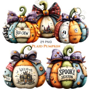 May include: A collection of five decorative pumpkins featuring patchwork patterns, plaid bows, and stitched details. The pumpkins display text including BOO CREW, WELCOME, and SPOOKY SEASON, alongside illustrations of ghosts, spiders, and haunted houses.