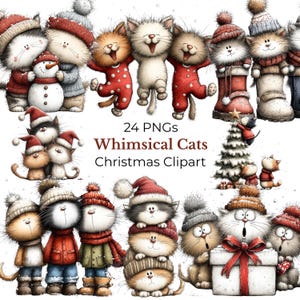 May include: A collection of whimsical cat illustrations in a Christmas theme. The cats are depicted in various poses, wearing winter hats, scarves, and pajamas. The image includes the text "24 PNGs Whimsical Cats Christmas Clipart."