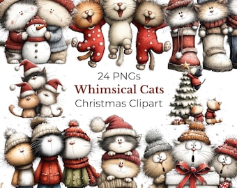 Imágenes prediseñadas de gatos navideños caprichosos: gatitos con gorros de Papá Noel, regalos y árboles (descarga digital - 24 PNG)