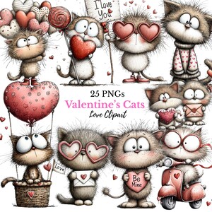 May include: A collection of cartoon cats with hearts, balloons, and a scooter, perfect for Valentine's Day. The cats are holding hearts, wearing heart-shaped glasses, and carrying signs that say "I Love You" and "Be Mine". The image includes the text "25 PNGs Valentine's Cats Love Clipart".