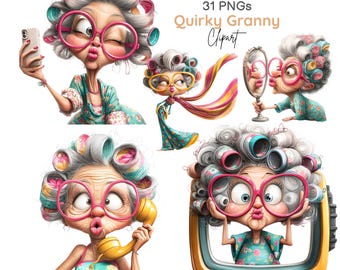 Imágenes prediseñadas de abuelas divertidas, abuelas atrevidas, ancianas peculiares, mujeres mayores retro para sublimación (31 PNG)