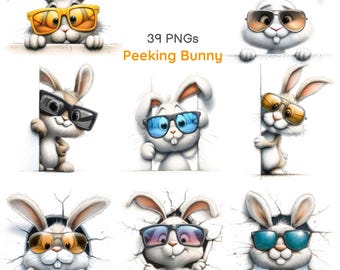 Imágenes prediseñadas de conejito asomándose caprichoso, conejito divertido con gafas de sol, conejo asomándose para guardería (39 imágenes PNG con fondo blanco)