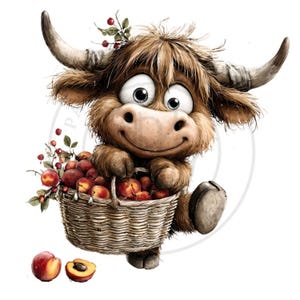 May include: A cartoon illustration of a Highland cow holding a woven basket filled with peaches. The cow has large eyes, a friendly smile, and brown fur. Berries and leaves adorn its head. Two peaches and a peach half are on the ground.