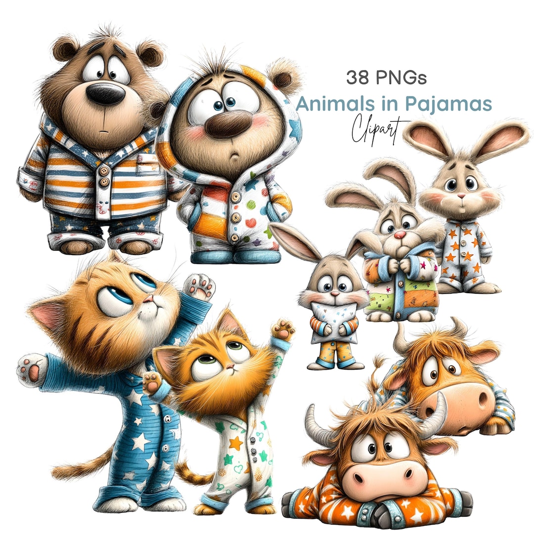 Animals in Pajamas Clipart, Bedtime Animal, Cozy Nursery Baby Pajama ...