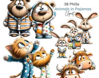 Imágenes prediseñadas de animales en pijama, animales a la hora de dormir, animales en pijama para bebés en una acogedora habitación infantil (38 imágenes PNG)