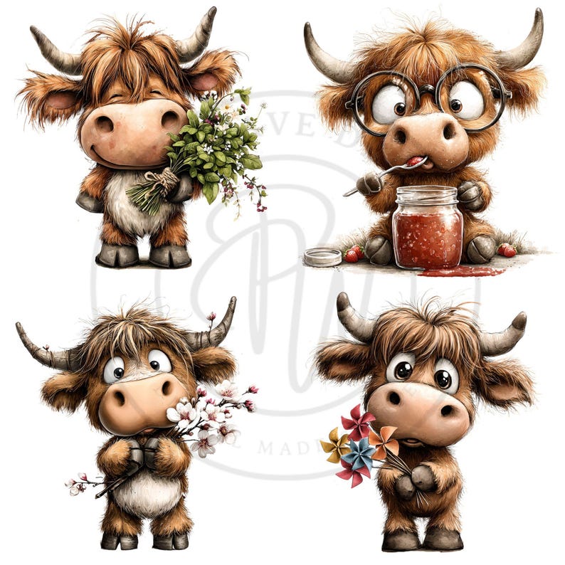 May include: Four cartoon Highland cows in various poses. One cow holds a bouquet of greenery, another wears glasses and eats jam, a third holds white flowers, and the last holds colorful pinwheels. All have brown fur and horns.