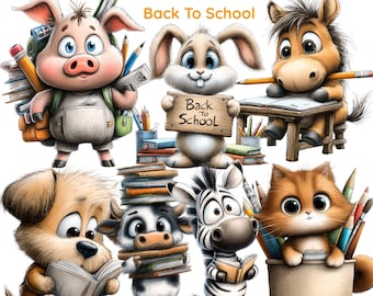 Imágenes prediseñadas de animales caprichosos para la vuelta al cole, gráficos de animales para estudiantes, ilustración para agenda de profesores (39 PNG)