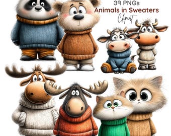 Imágenes prediseñadas de animales con suéteres, animales de otoño e invierno, guardería con temática de bosque, gráficos cálidos y acogedores (39 imágenes PNG)