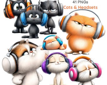 Gatos con auriculares, gatito gamer con auriculares, descarga digital de DJ (41 PNG)