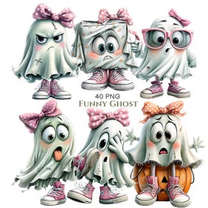May include: A collection of six cartoon ghost characters, each wearing pink polka-dot bows and pink sneakers. The ghosts display various expressions and poses, with one sitting on a pumpkin. The text 40 PNG FUNNY GHOST is centered in the middle.