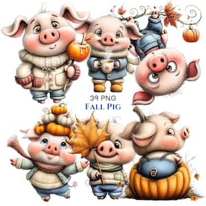 Clipart lunatique d'automne de porc de 39 PNG, porcelet d'animal de ferme original de citrouille d'automne