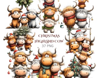 37 PNG Whimsical Christmas Highland Cow Clipart, Funny Trio Family Christmas, Digital Download
