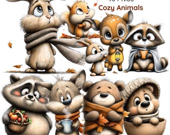 Imágenes prediseñadas de animales otoñales acogedores, animales del bosque otoñal, gráficos cálidos y caprichosos (40 PNG)