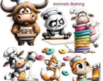 Imágenes prediseñadas de animales horneando, animales horneando caprichosos, cocina de panadería en el bosque, gráficos de cupcakes y galletas (41 PNG)