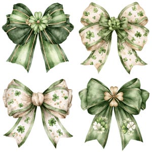 Puede incluir: Cuatro lazos de acuarela en tonos verdes y crema, perfectos para el Día de San Patricio. Los lazos presentan detalles dorados y patrones de tréboles. Los lazos están atados con una variedad de cintas y tienen centros decorativos.
