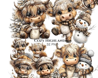 May include: A collection of digital illustrations featuring fluffy Highland cattle calves wearing plaid winter hats and scarves, some holding mugs or standing beside snowmen, with the text COZY HIGHLAND 32 PNG centered in the middle.