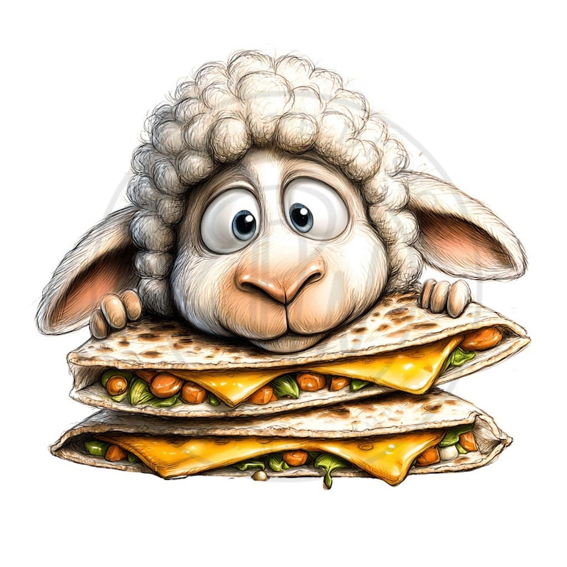 May include: A cartoon illustration of a sheep peeking over two stacked quesadillas. The sheep has a white face, large blue eyes, and fluffy wool. The quesadillas are filled with cheese, vegetables, and meat.
