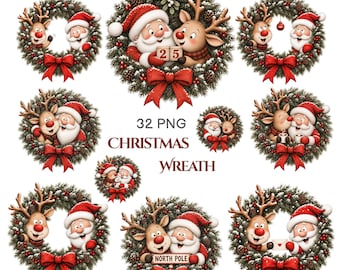 May include: A collection of 32 PNG Christmas wreath digital graphics featuring Santa Claus and reindeer characters. The wreaths are decorated with pine needles, pinecones, red berries, and red bows. Some include text like 25 and NORTH POLE.
