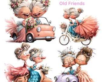 Imágenes prediseñadas de abuelas con un toque de fantasía, divertida ilustración de señoras mayores (32 imágenes PNG)