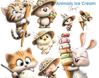 Paquete de imágenes prediseñadas de helados con animales fantásticos, gráficos de postres de verano (41 archivos PNG para descargar digitalmente)