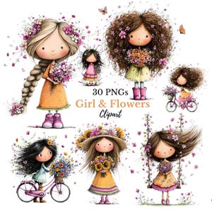 Nyckfull flicka & blomma vår clipart | Vår- och barnkammargrafik | Blommig illustration (digitala nedladdningar - 30 PNG-bilder)