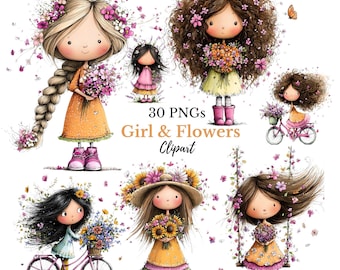 Whimsical Girl & Flower Spring Clipart |  Spring and Nursery Graphics | Floral Illustration (Digital Downloads - 30 PNGs)