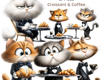 Imágenes prediseñadas de café con croissants y gatos caprichosos, cafetería de lujo para gatos, panadería divertida para gatitos (37 PNG)