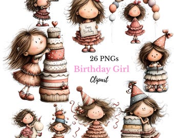 Whimsical Birthday Girl Clipart – Party Illustrations (26 PNGs)