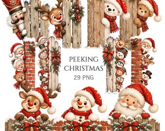 29 PNG Peeking Christmas Clipart, Santa Reindeer Snowman Digital Download, Commercial Use