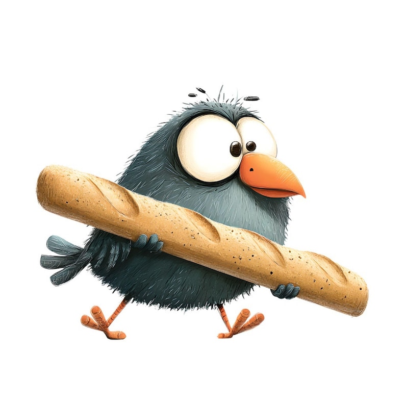 May include: A cartoon illustration of a blue bird with large eyes and an orange beak, carrying a long loaf of bread. The bird has small orange feet and is set against a white background.