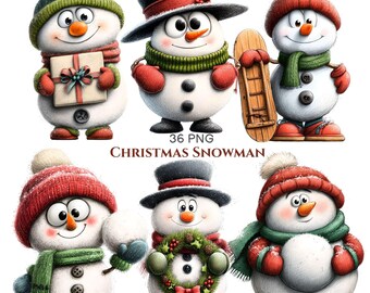 May include: Six cartoon snowmen in various winter outfits, including knit hats, scarves, and mittens. One holds a gift, another a wooden sled, and one a wreath. The text 36 PNG CHRISTMAS SNOWMAN is centered below the top row of figures.