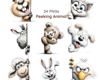 Imágenes prediseñadas de animales asomándose con un toque de fantasía, animales graciosos asomándose, caras de animales para guardería (34 imágenes PNG con fondo blanco)
