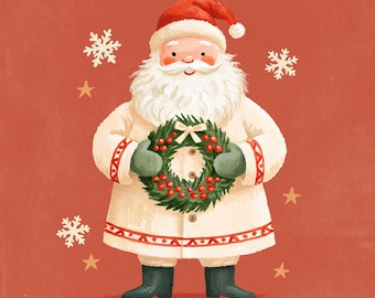 May include: A digital illustration of Santa Claus on a solid red background. Santa wears a red hat, a cream-colored coat with red geometric patterns, and dark green boots. Santa holds a green wreath with red berries and a small white bow.