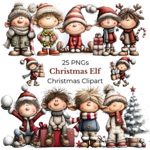 Puede incluir: Una colección de imágenes prediseñadas de elfos navideños caprichosos. Los elfos se representan en varias poses, vistiendo atuendos festivos con sombreros, bufandas y sosteniendo regalos. Se muestra el texto "25 PNGs Christmas Elf Christmas Clipart".