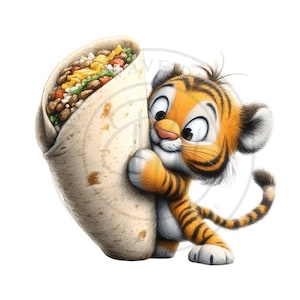 May include: A cartoon illustration of a cute tiger cub hugging a large burrito. The burrito is filled with various ingredients, including rice, vegetables, and meat. The tiger cub is orange and white with black stripes, and it has a happy expression.
