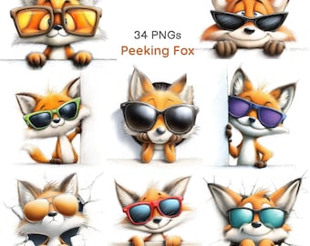 Imágenes prediseñadas de zorros asomándose caprichosos, zorros graciosos con gafas de sol, animalito asomándose para guardería (34 imágenes PNG con fondo blanco)