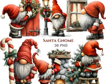 May include: A collection of Santa gnome illustrations featuring gnomes in red hats and outfits interacting with holiday elements like a wreath, a lamp post, a window, a candy cane, a fireplace, and a Christmas tree, with the text SANTA GNOME 36 PNG.