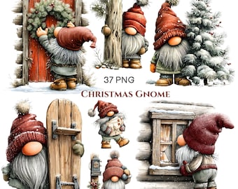 May include: A collection of Christmas gnome illustrations featuring gnomes in red hats and grey beards interacting with wooden doors, snow-covered pine trees, windows, and sleds. The text 37 PNG CHRISTMAS GNOME is centered among the various gnome graphics.