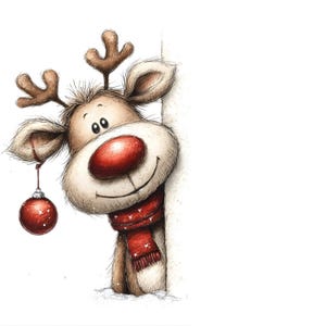 Peut inclure: Illustration de renne de dessin animé avec un grand nez rouge, des bois bruns et une écharpe rouge. Le renne regarde autour d'un coin blanc, avec une boule rouge suspendue à son oreille. Thème festif de Noël.