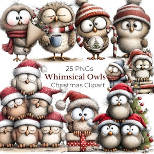 May include: A collection of whimsical owl illustrations in various poses, wearing festive hats and scarves. Some owls hold gifts, coffee cups, and snow globes. The text reads "25 PNGs Whimsical Owls Christmas Clipart."