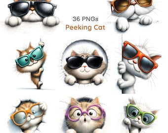 Imágenes prediseñadas de gatitos asomándose caprichosos, gatos graciosos con gafas de sol, gatito asomándose para guardería (36 imágenes PNG con fondo blanco)
