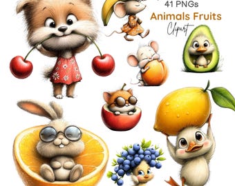 Paquete de imágenes prediseñadas de animales y frutas con un toque caprichoso, animales bebés kawaii, animales de guardería con frutas (41 PNG)