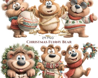 May include: A collection of cartoon bear illustrations featuring Christmas themes, including bears with Santa hats, holiday sweaters, wreaths, scarves, and string lights. The text 29 PNG CHRISTMAS FUNNY BEAR is centered between the two rows of bears.