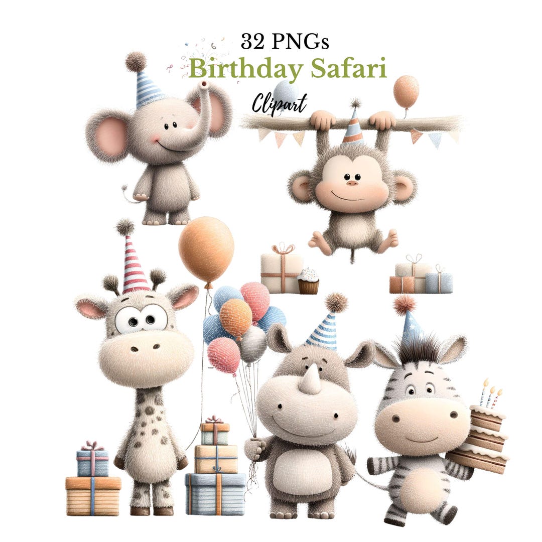 Safari Animals Birthday Clipart, Jungle Party PNG (32 Digital Download ...