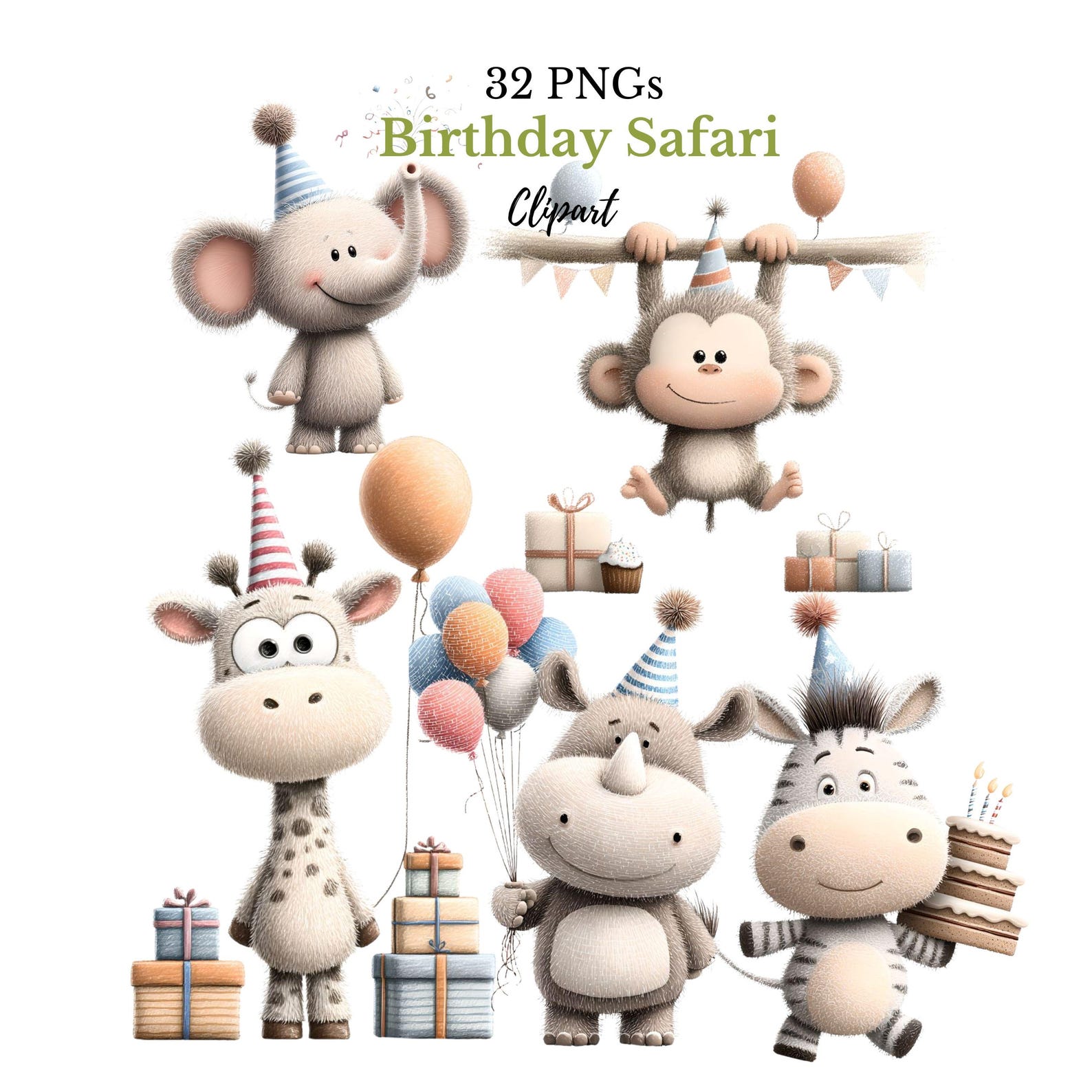 Safari Animals Birthday Clipart, Jungle Party PNG (32 Digital Download ...
